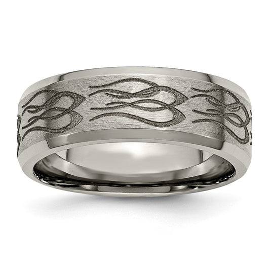 Buy Stylish 8mm Beveled Edge Band - Chiseled Titanium with Flame Laser Design