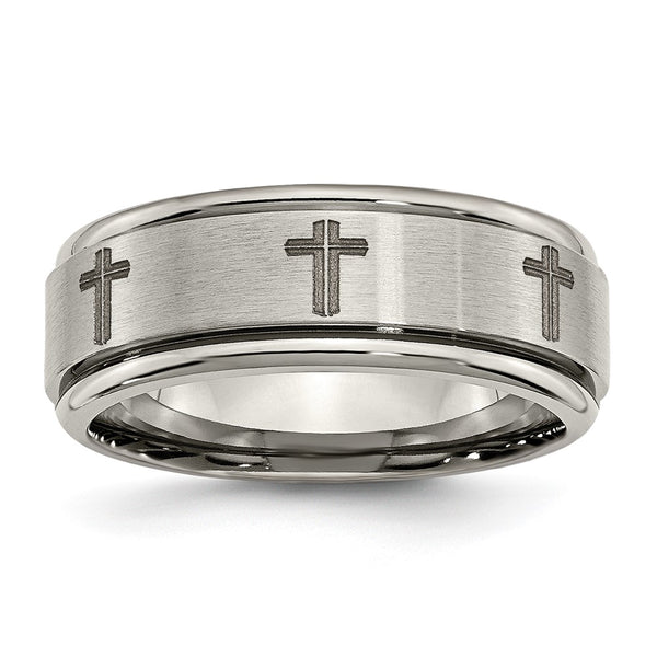 Chiseled Titanium 8mm Ridged Edge Band with Laser Design & Shine