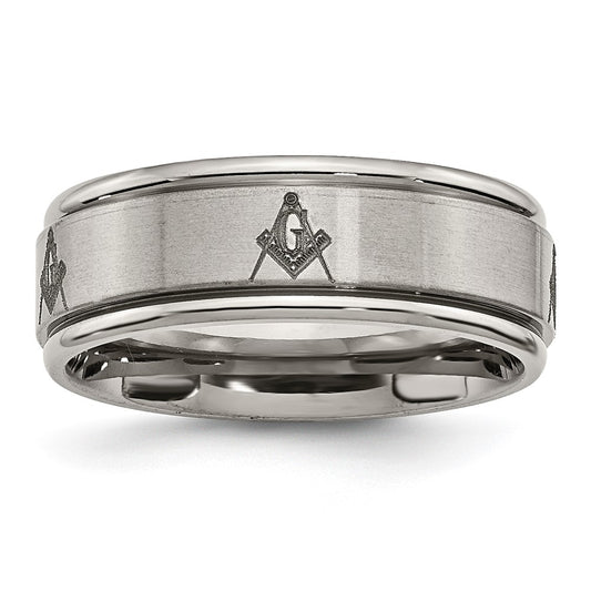 Buy 8mm Ridged Edge Titanium Band with Masonic Design - Stylish & Affordable