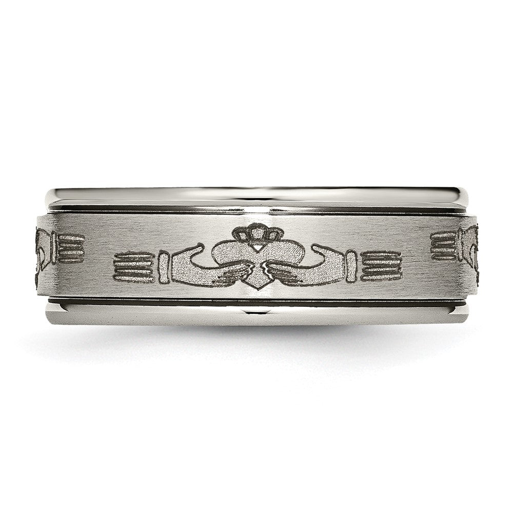 High-Quality Chiseled Titanium 8mm Ridged Edge Band | Stylish Claddagh Design