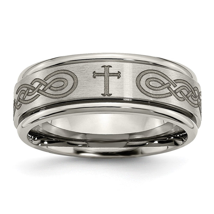 High-Quality 8mm Brushed Titanium Cross Band - Stylish Laser Design & Ridged Edges-1