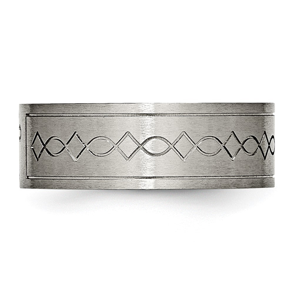 Exclusive Brushed Titanium 8mm Flat Band - Stylish Chiseled Cross Design