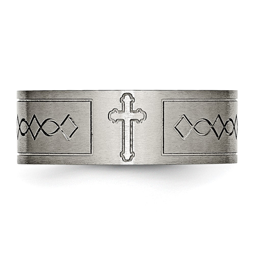 Exclusive 8mm Brushed Titanium Flat Band with Chiseled Cross Design