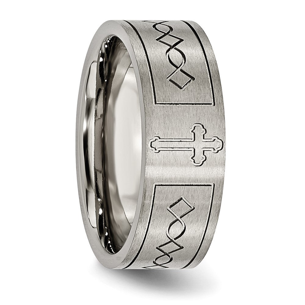 Exclusive Brushed Titanium 8mm Flat Band - Stylish Chiseled Cross Design