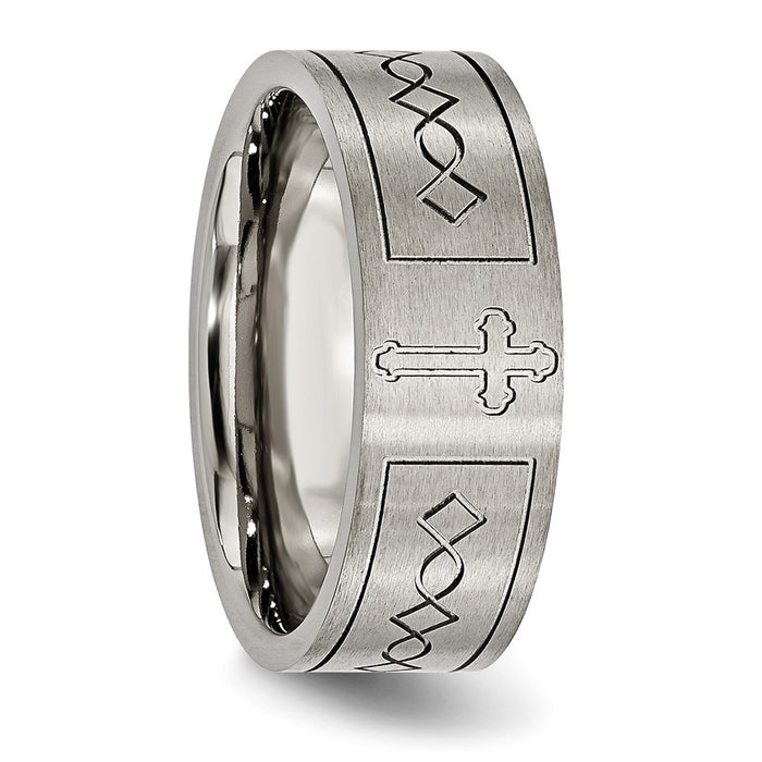 Exclusive Brushed Titanium 8mm Flat Band - Stylish Chiseled Cross Design-5