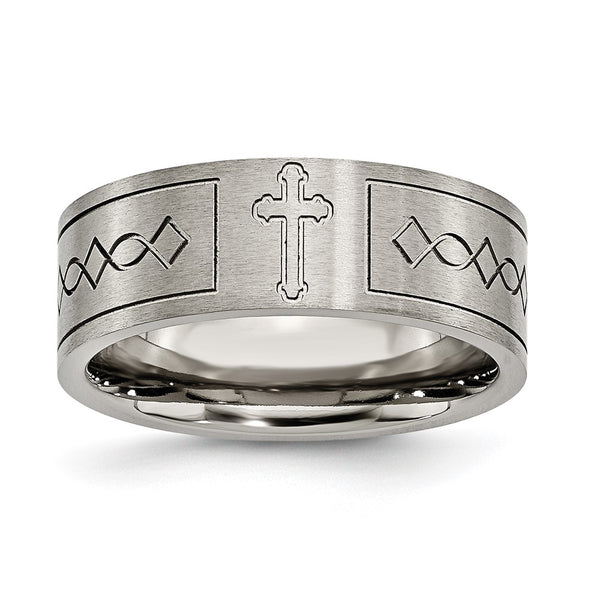 Brushed Titanium 8mm Flat Band - Chiseled Cross