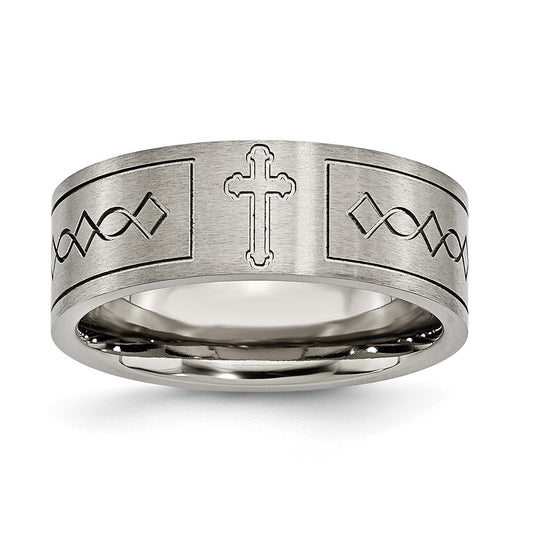 Exclusive Brushed Titanium 8mm Flat Band - Stylish Chiseled Cross Design