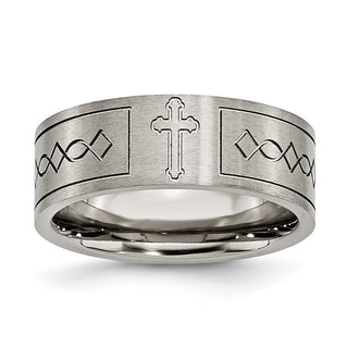 Exclusive 8mm Brushed Titanium Flat Band with Chiseled Cross Design