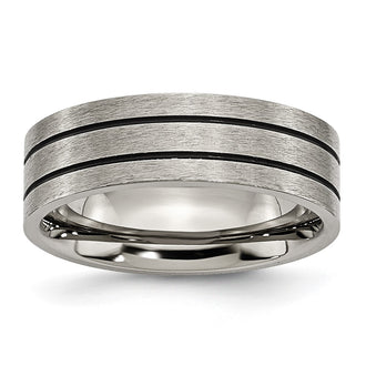 High-Quality 7mm Titanium Brushed Black Enamel Grooved Band Ring - Stylish Value
