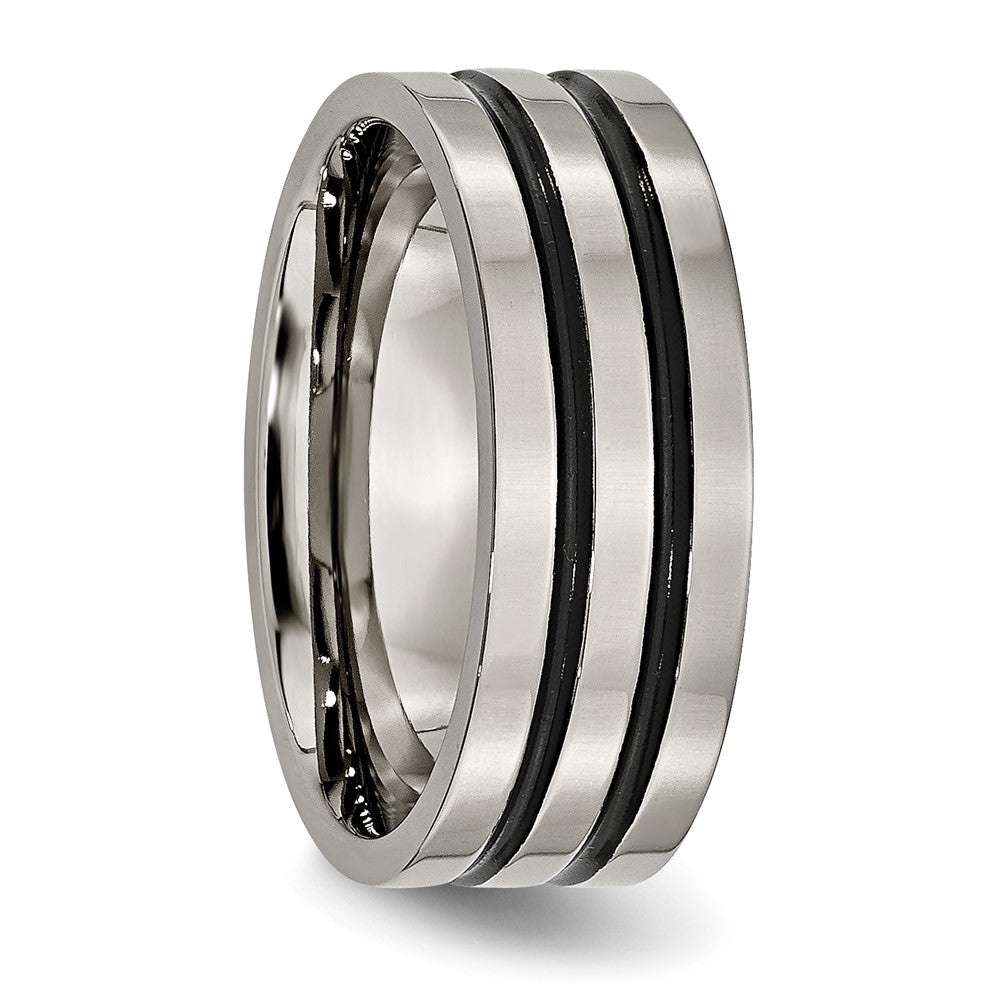 Buy Stylish 8mm Chiseled Titanium Flat Band with Polished Black Enamel Grooves