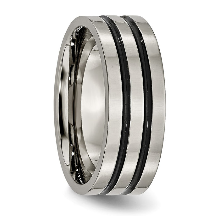 Buy Stylish 8mm Chiseled Titanium Flat Band with Polished Black Enamel Grooves-4