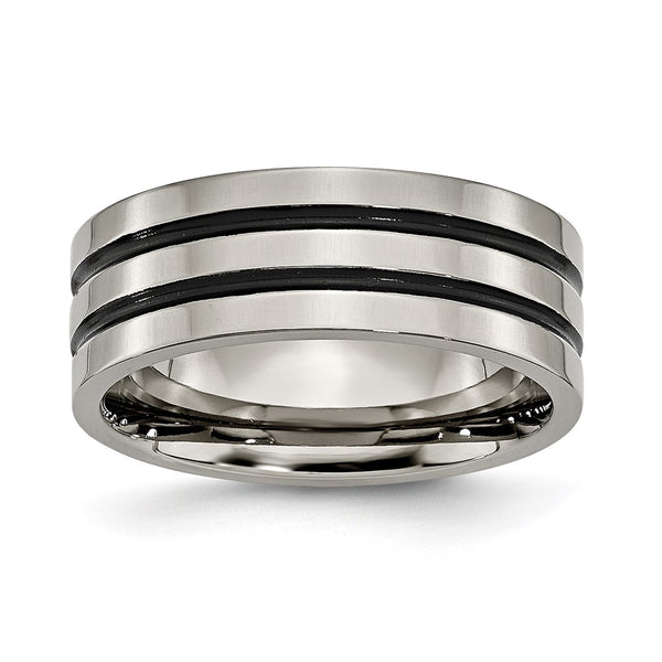 Chiseled Titanium 8mm Flat Band with Polished Black Enamel Grooves
