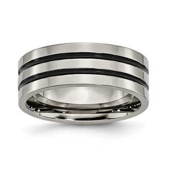 High-quality Chiseled Titanium 8mm Flat Band with Polished Black Enamel Grooves