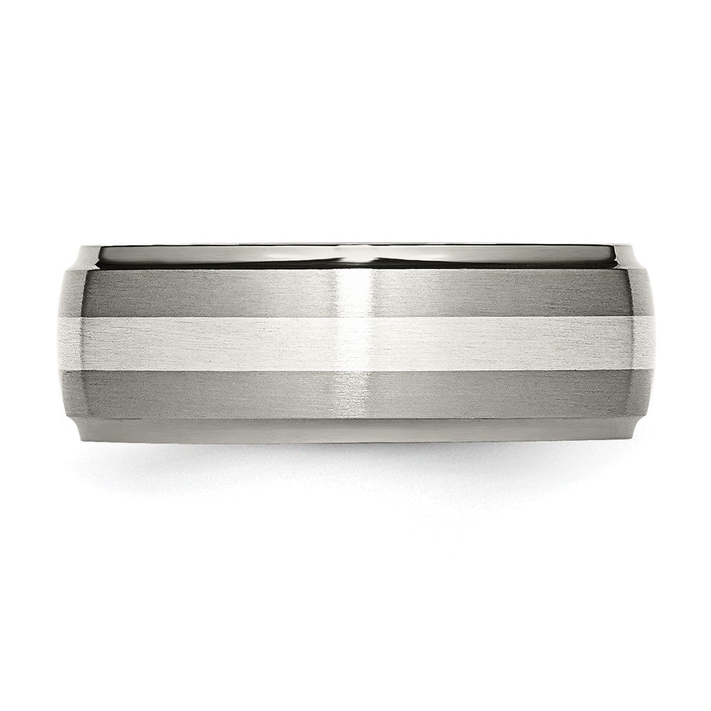 Buy 8mm Ridged Edge Chiseled Titanium Band with Sterling Silver Inlay | Stylish Design