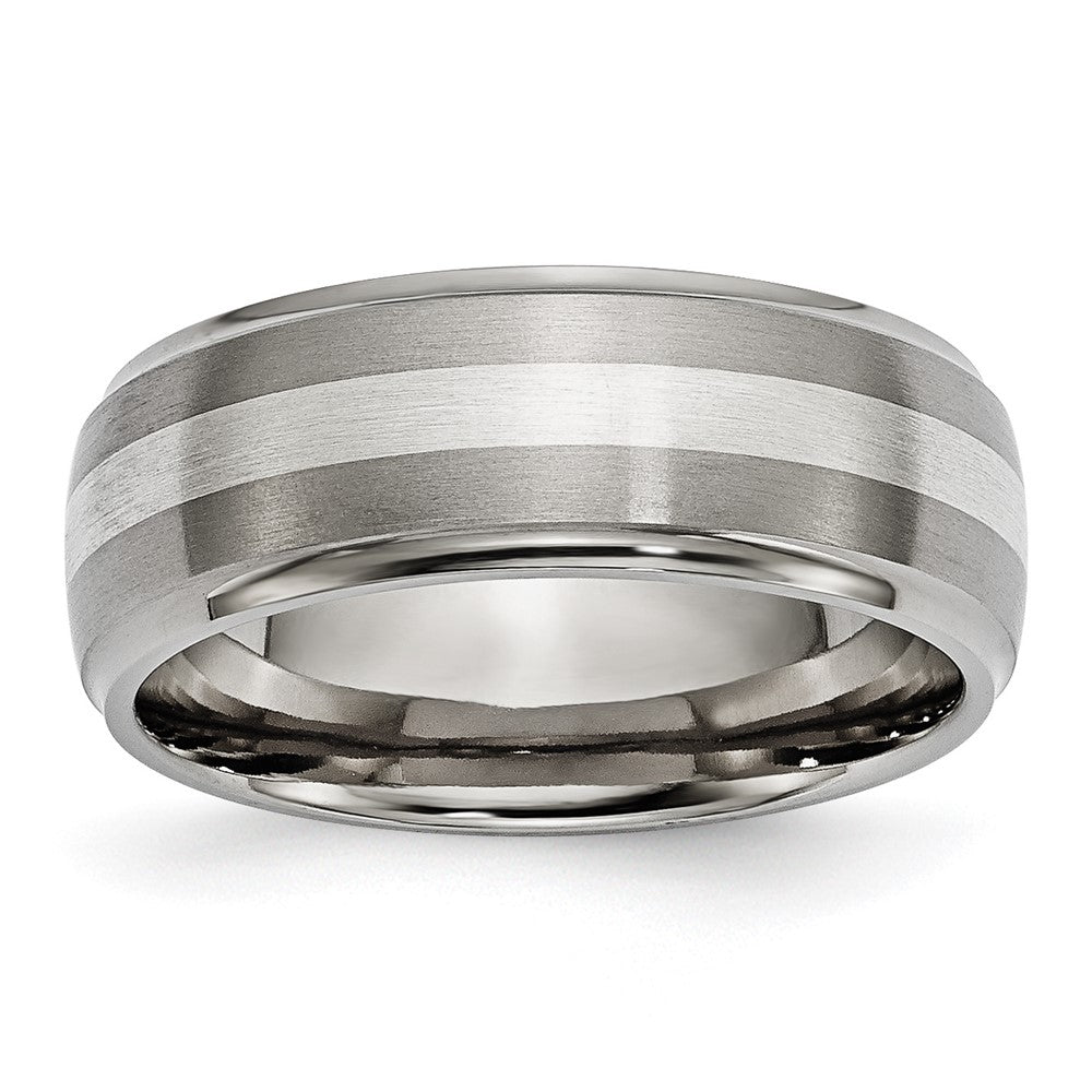 Buy 8mm Ridged Edge Chiseled Titanium Band with Sterling Silver Inlay | Stylish Design