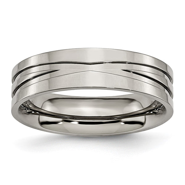 6mm Polished Titanium Chisel X-Design Flat Band Ring