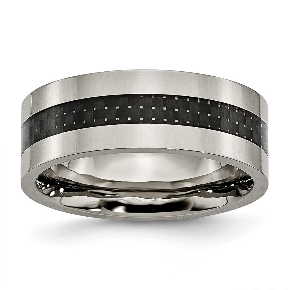 High-Quality Chiseled Titanium Flat Band 8mm with Black Carbon Fiber Inlay