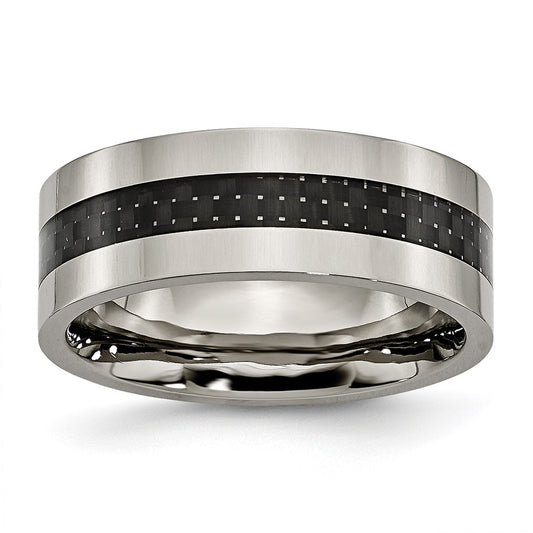High-Quality Chiseled Titanium Flat Band 8mm with Black Carbon Fiber Inlay