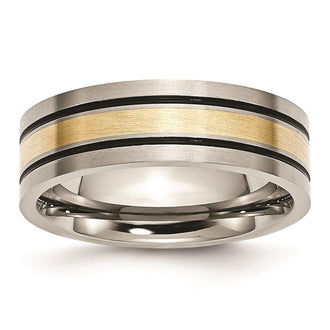 Buy Stylish 7mm Chiseled Titanium Flat Band with Antiqued Finish & 14K Gold Inlay
