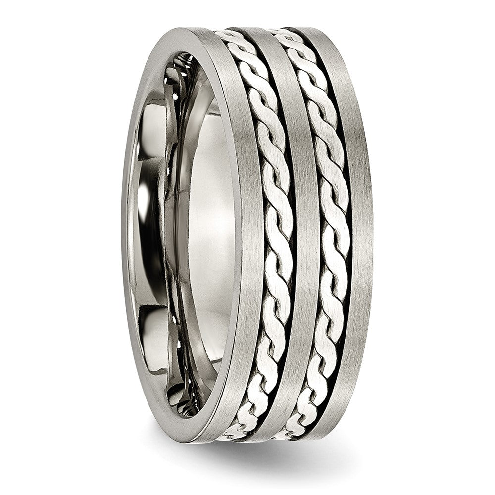 High-Quality 8mm Chiseled Titanium Band | Stylish Antiqued Finish & Silver Inlay