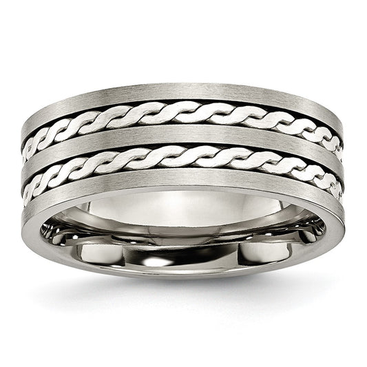 High-Quality 8mm Chiseled Titanium Band with Braided Sterling Silver Inlay