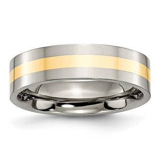 High-Quality Chiseled Titanium Flat Band with 14K Gold Inlay - 6mm Stylish Design