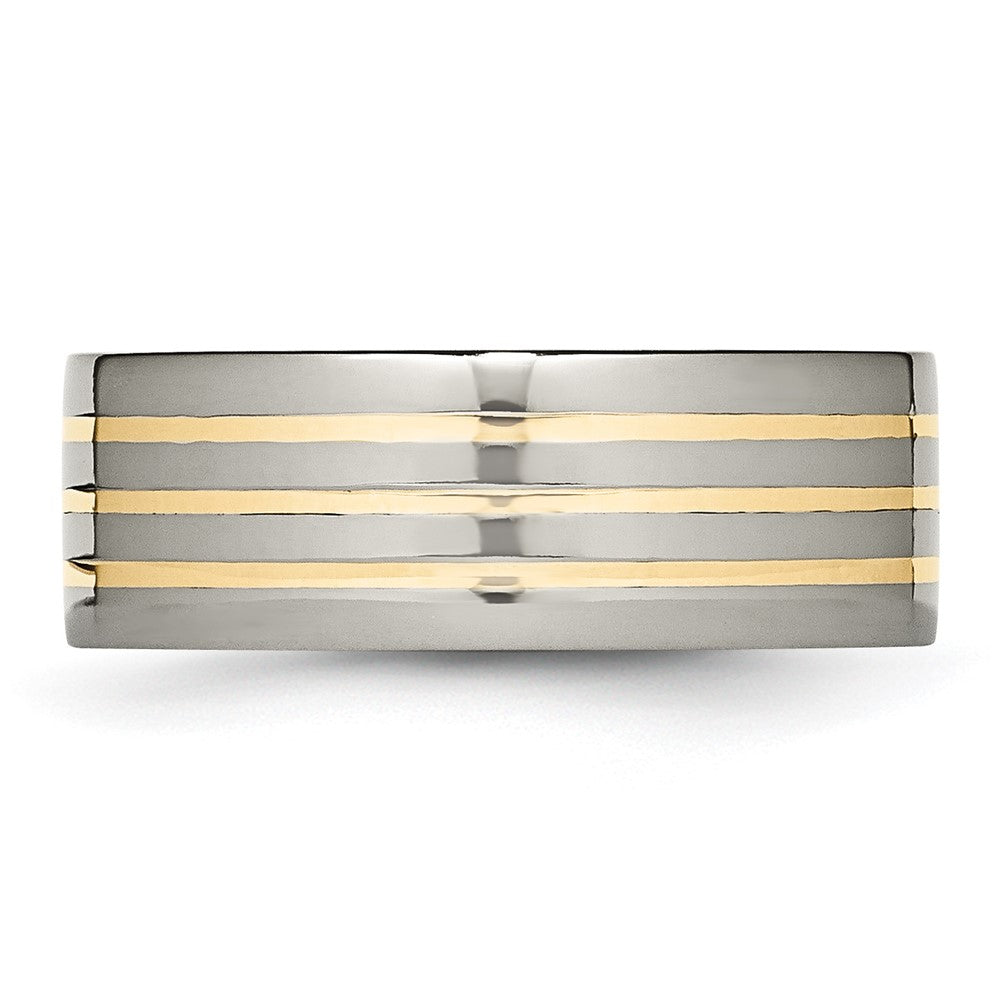 High-Quality Chiseled Titanium Flat Band with 14K Gold Inlay - 8mm Stylish Design