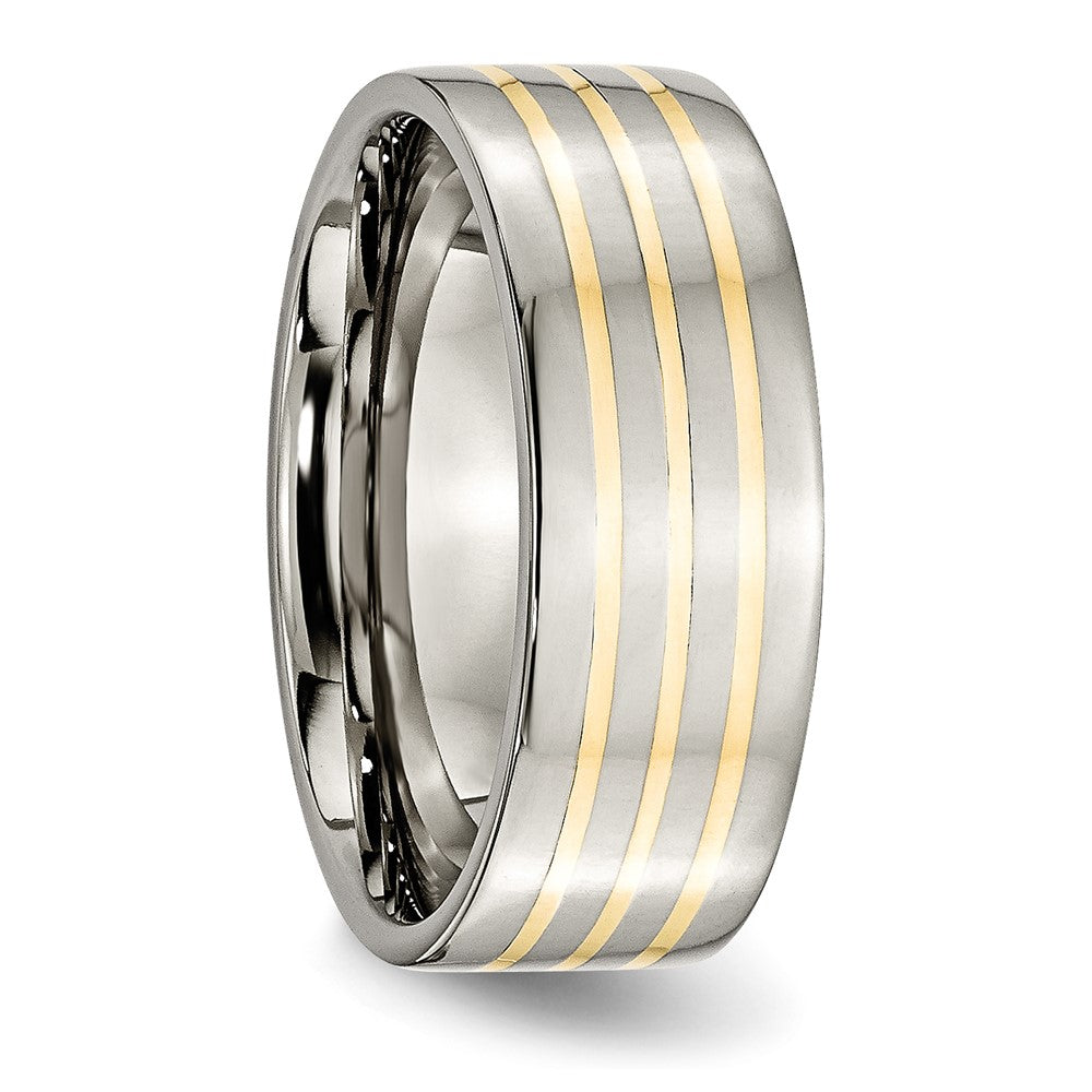 High-Quality Chiseled Titanium Flat Band with 14K Gold Inlay - 8mm Stylish Design