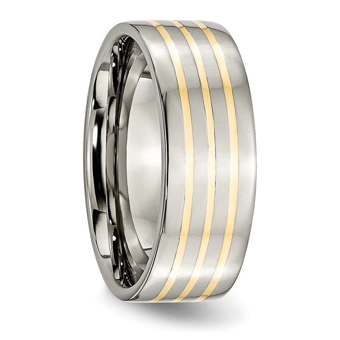 High-Quality Chiseled Titanium Flat Band with 14K Gold Inlay - 8mm Stylish Design-4