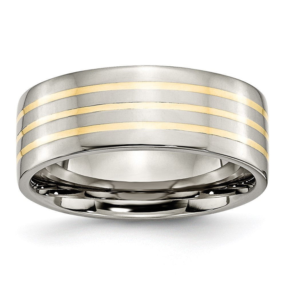High-Quality Chiseled Titanium Flat Band with 14K Gold Inlay - 8mm Stylish Design