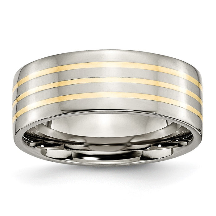 High-Quality Chiseled Titanium Flat Band with 14K Gold Inlay - 8mm Stylish Design-1