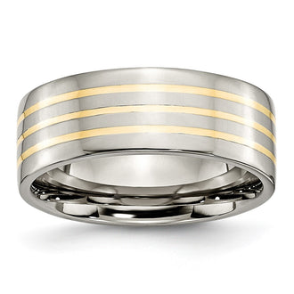 High-Quality Chiseled Titanium Flat Band with 14K Gold Inlay - 8mm Stylish Design
