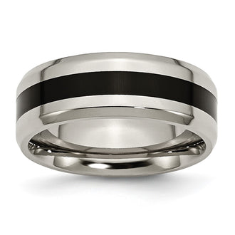 Exclusive Polished Black Enamel 8mm Beveled Edge Band in Chisel Titanium - Stylish Value