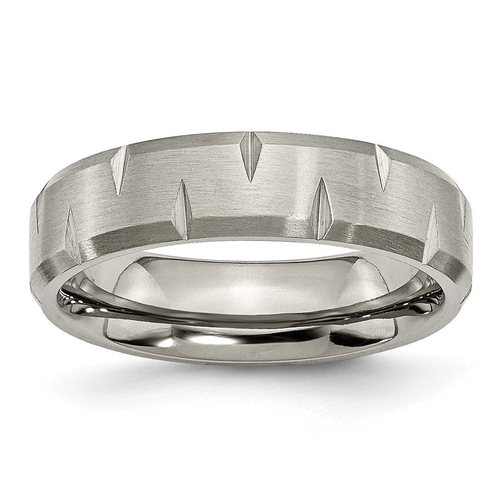 Designer Brushed Titanium 6mm Beveled Edge Notched Ring | Affordable Luxury