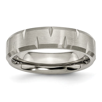 Designer Brushed Titanium 6mm Beveled Edge Notched Ring | Affordable Luxury