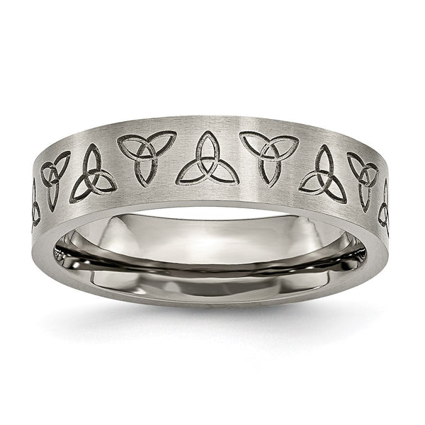 Brushed Titanium 6mm Flat Band with Trinity Symbol