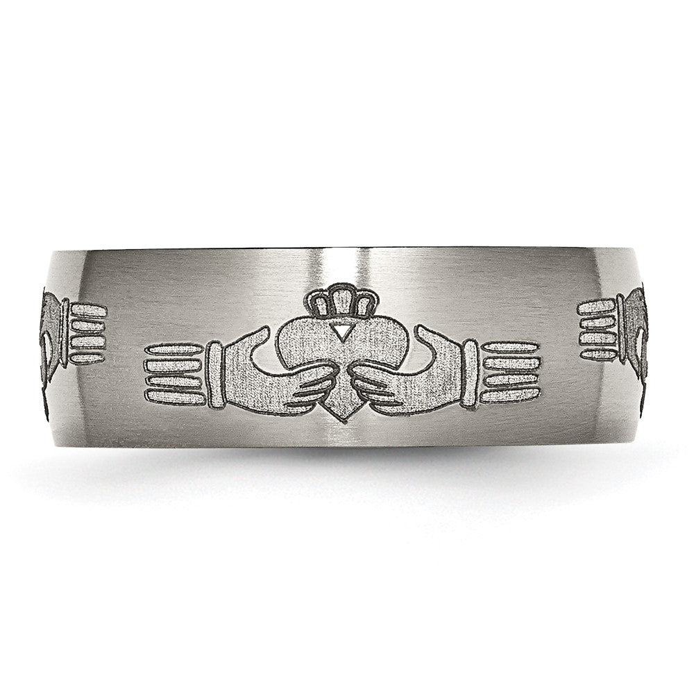 High-Quality Brushed Titanium 8mm Claddagh Band | Stylish Laser Engraved Design