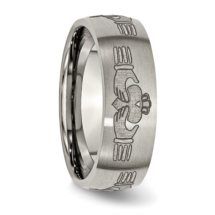 High-Quality Brushed Titanium 8mm Claddagh Band - Stylish Laser Engraved Design-4