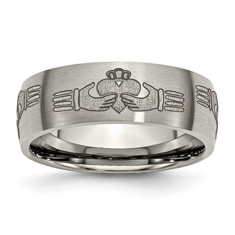 Buy Stylish 8mm Brushed Titanium Claddagh Band with Laser Engraved Design