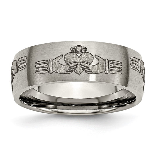 High-Quality Brushed Titanium 8mm Claddagh Band | Stylish Laser Engraved Design