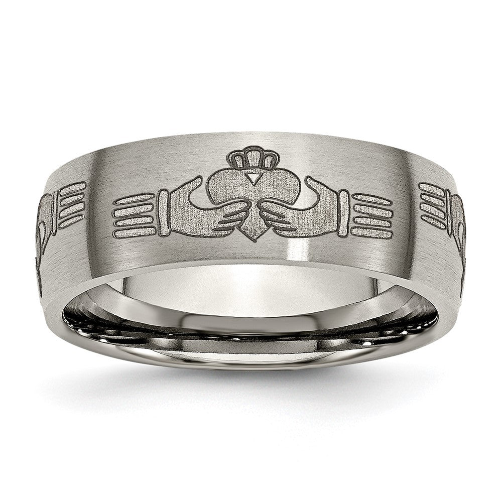 Buy Stylish 8mm Brushed Titanium Claddagh Band with Laser Engraved Design