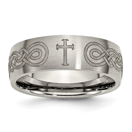 Buy Stylish Brushed Titanium 8mm Band with Chiseled Cross Laser Design