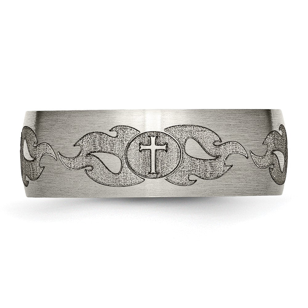 Exclusive Brushed Titanium 8mm Band - Laser-Engraved Cross & Flame Design