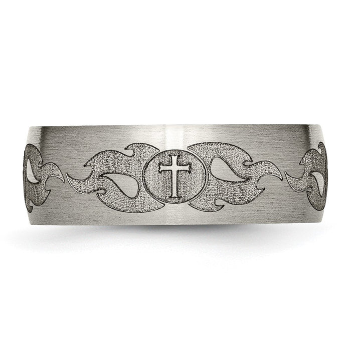 Exclusive Brushed Titanium 8mm Band - Laser-Engraved Cross & Flame Design-3
