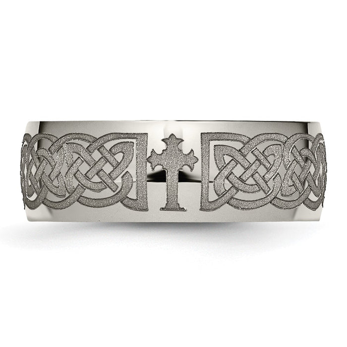 Buy Stylish Polished Titanium Celtic Cross Band - 8mm Laser-Engraved Design-4