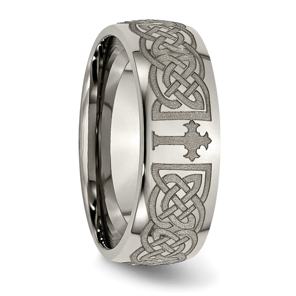 Buy Stylish Polished Titanium Celtic Cross Band - 8mm Laser-Engraved Design