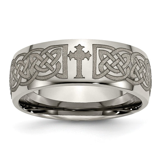 Buy Stylish Polished Titanium Celtic Cross Band - 8mm | Luxury Engraved Design