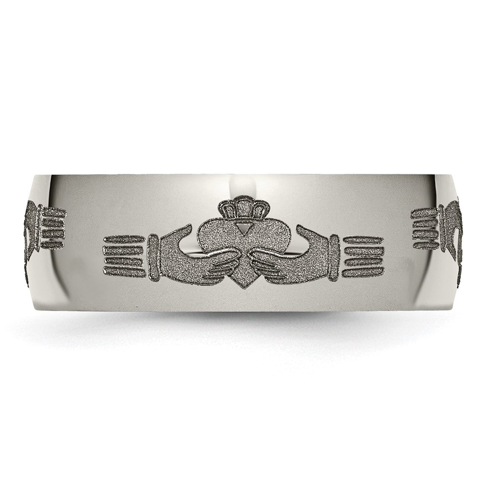 Buy Stylish 8mm Polished Titanium Claddagh Band with Laser Engraved Design