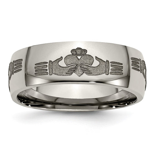 Buy Stylish 8mm Polished Titanium Claddagh Band - Exclusive Laser Engraved Design