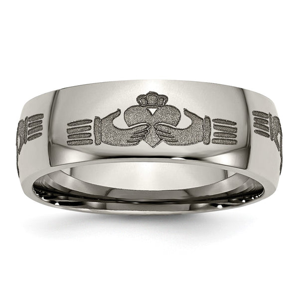 8mm Polished Titanium Claddagh Band - Laser Engraved